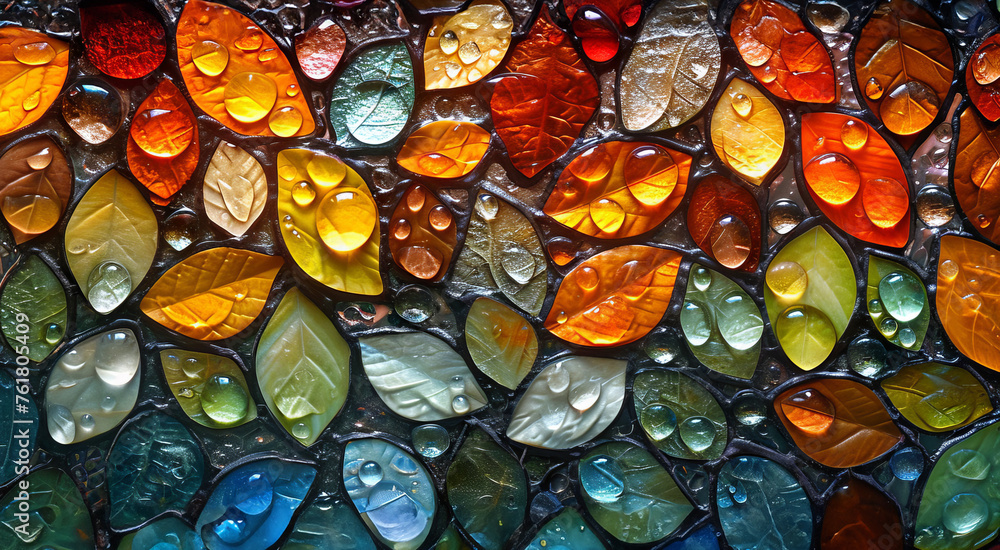 A vibrant collection of autumn leaves depicted in a stained glass art style, with a mosaic of rich, warm colors.