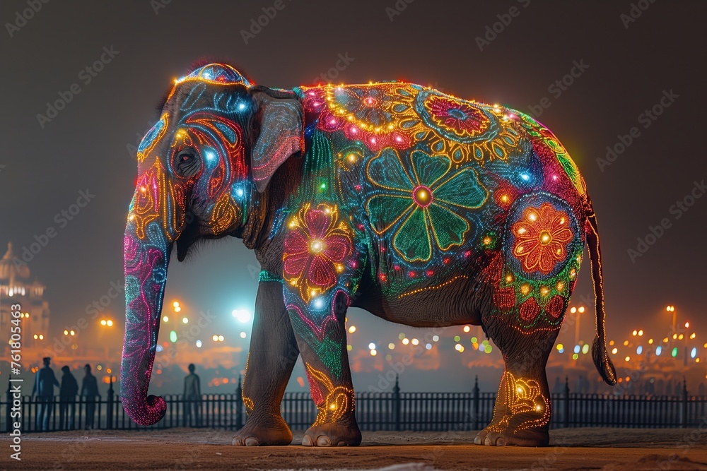 Festival of Lights: Majestic Elephant Adorned in Vibrant Luminous Art Festival of Lights: Majestic Elephant Adorned in Vibrant Luminous Art