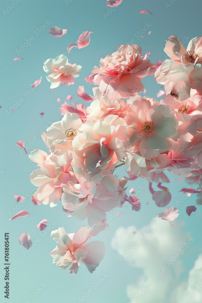 Enchanting visuals of pink and white flowers in a dance amongst clouds on a cerulean canvas, embodying joy and lightness Enchanting visuals of pink and white flowers in a dance amongst clouds on a cerulean canvas, embodying joy and lightness