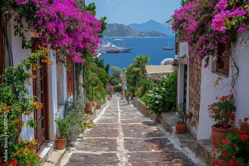 Mediterranean Blossom Trail  A Path to the Azure Sea Through Flower-Laden Lanes