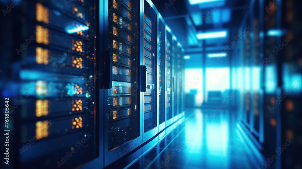 A dynamic perspective of a data center with racks of servers illuminated in blue A dynamic perspective of a data center with racks of servers illuminated in blue