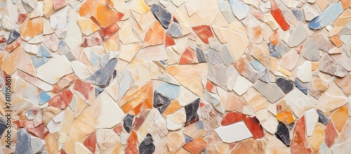 A detailed closeup of a vibrant mosaic artwork on a wall, showcasing intricate patterns and colors. The art form combines elements of painting, visual arts, and modern art