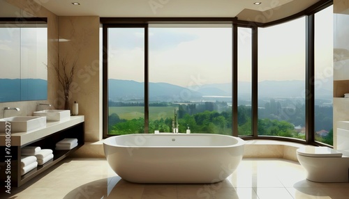 luxury bathroom interior with bathtub and panoramic window created with generative ai © Chaudhry