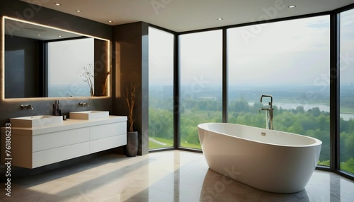 luxury bathroom interior with bathtub and panoramic window created with generative ai