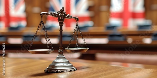 United Kingdom courtroom with scales of justice and English flag background. Concept Legal System, Justice System, Courtroom Procedures, British Law, Judicial System photo