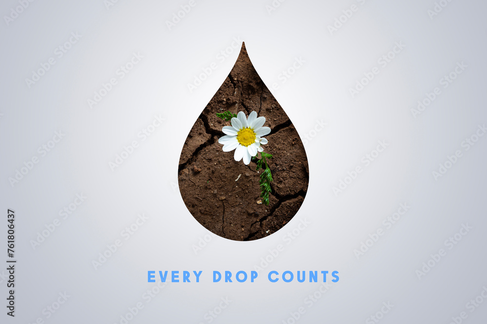 Obraz premium save water concept , a flower growing in dry and drought land in the shape of a water drop - Every drop counts , Saving water and world environmental protection concept- Environment day and earth day.