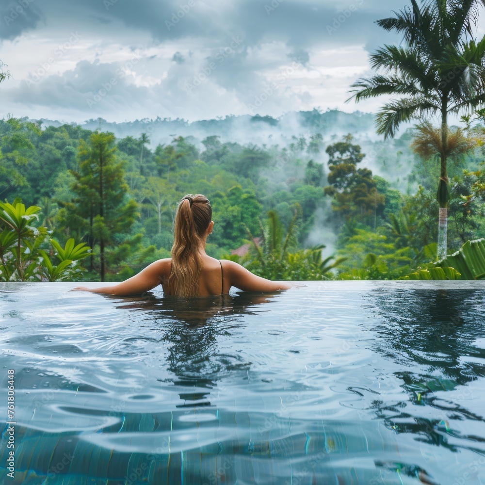 Fototapeta premium Happy Woman in Infinity Pool, Enjoying Warm Tropical Rain, Swimming Pool with a Jungle View