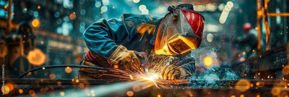 Welder at Work, Welding of Metal Parts at Industrial Plant, Industrial Worker Using Angle Grinder Welder at Work, Welding of Metal Parts at Industrial Plant, Industrial Worker Using Angle Grinder