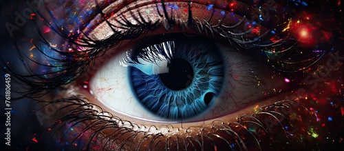 Closeup of a human bodys iris showcasing an electric blue eye with violet tones and magenta details, set against a galaxy background