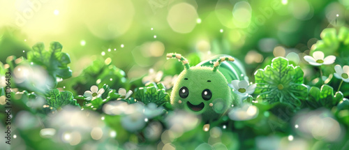 a close up of a green stuffed animal in a field of grass with white flowers on it's head.