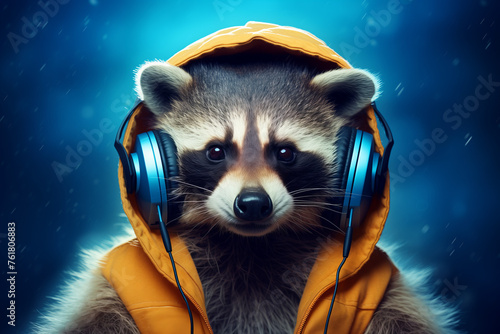 Grey raccoon in blue headphones and yellow vest looking at camera on blue background photo