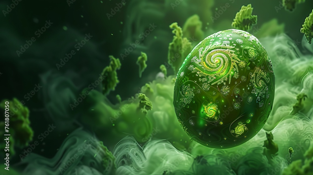 a flower-patterned Easter egg floating in the green universe and some subtle lighting
