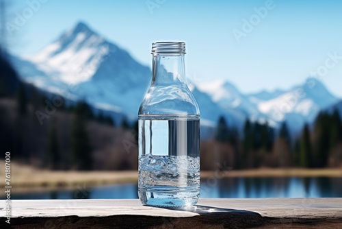 clean drinking water in a bottle against the background of a lake and mountains Generative AI