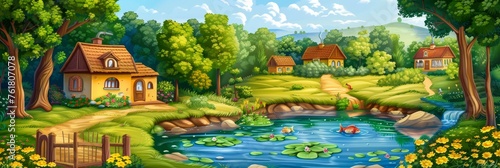 Colorful Landscape with a House, Pond and Fish, Naive Art Drawing Imitation