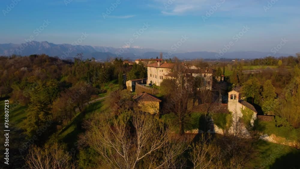 Sunset over the ancient manor of Arcano. Friuli seen from above. Sunset over the ancient manor of Arcano. Friuli seen from above.