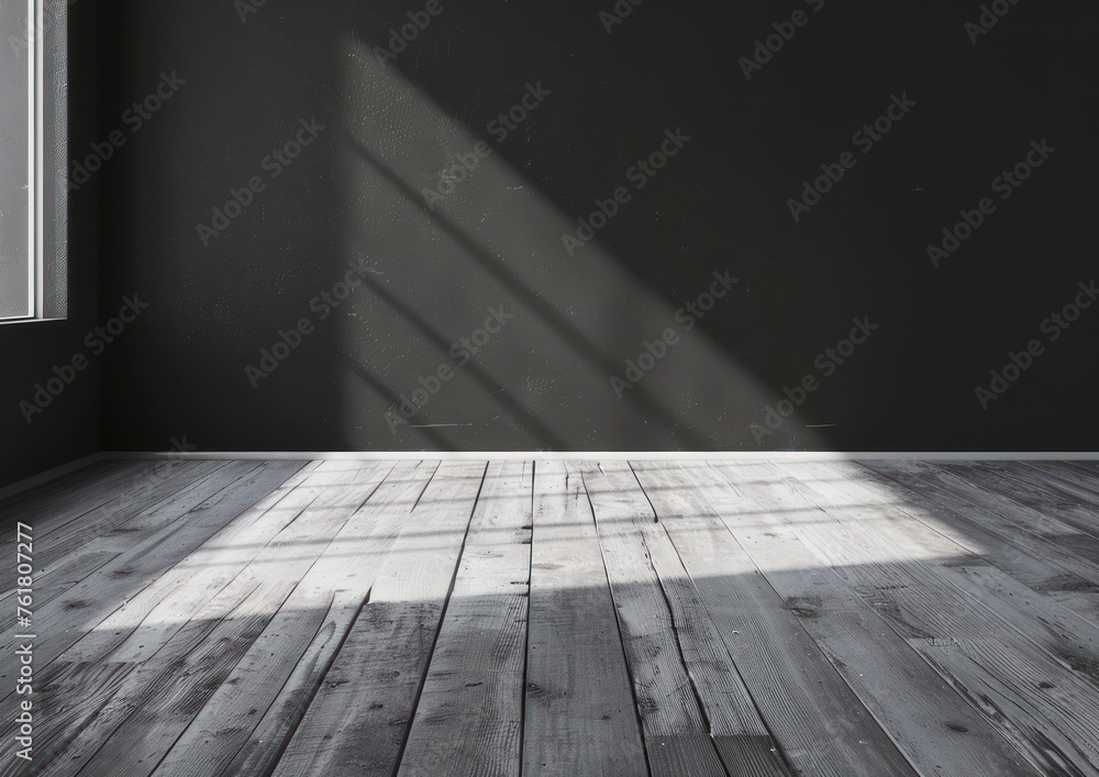 Dark room with wooden floor.Shadow from the window. Mockup. 3d rendering