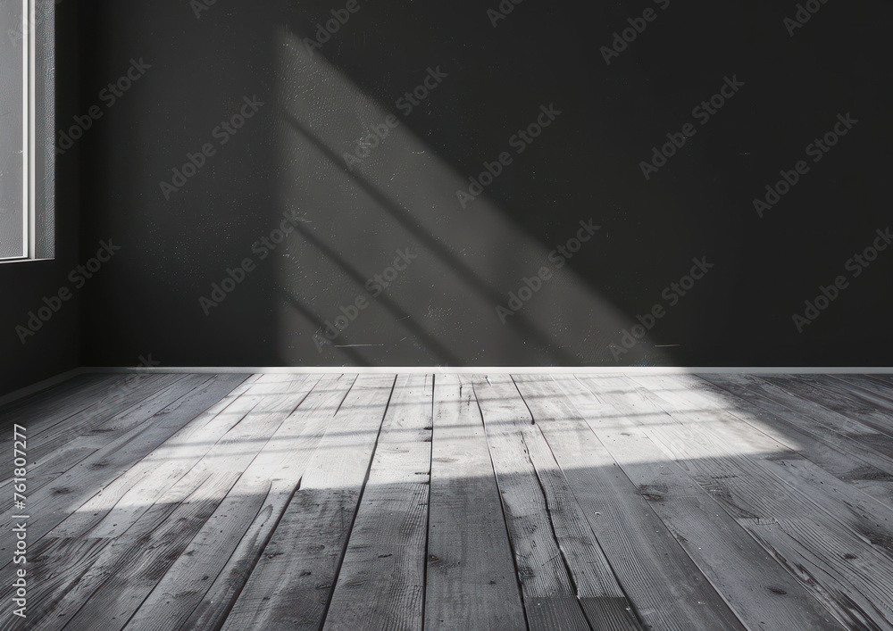 Dark room with wooden floor.Shadow from the window. Mockup. 3d rendering Dark room with wooden floor.Shadow from the window. Mockup. 3d rendering