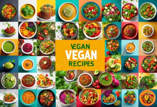 illustration  colorful vegan recipes collage fresh healthy plant based cooking ideas  ingredients  vegetables  fruits