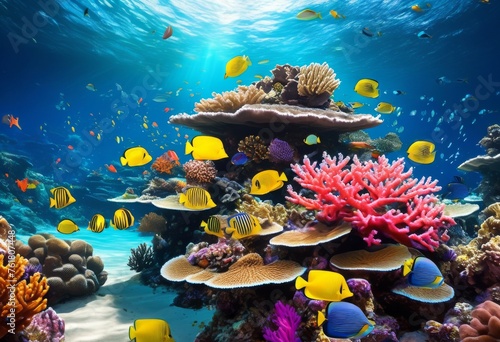 illustration, mesmerizing underwater exploration colorful coral reef exotic marine life crystal clear ocean water, fish, sea, creatures, scuba, diving