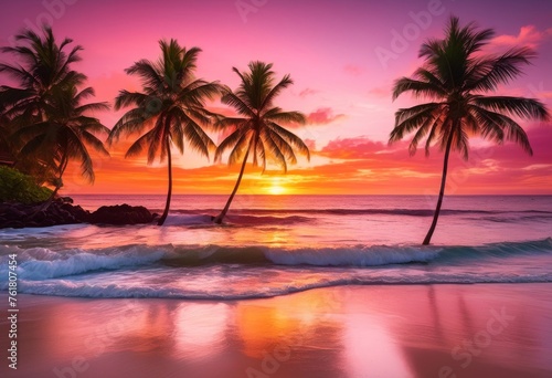 landscape, sunset, beach, sea, island, nature, sky, summer, palm, sun, vacation, ocean, tropical, water, tree, seascape, sunrise, beautiful, travel, paradise, outdoor, resort