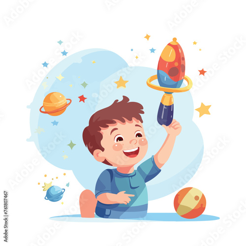 Happy boy playing with toy rocket ball. Smiling 