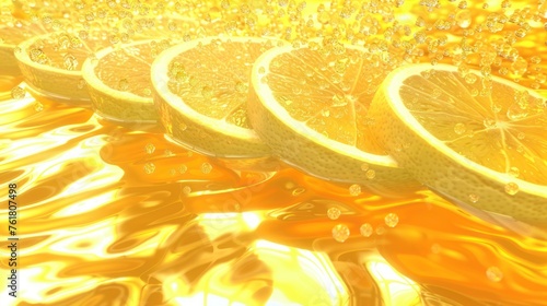 a group of sliced lemons sitting on top of a yellow liquid filled table next to a pile of orange slices. photo