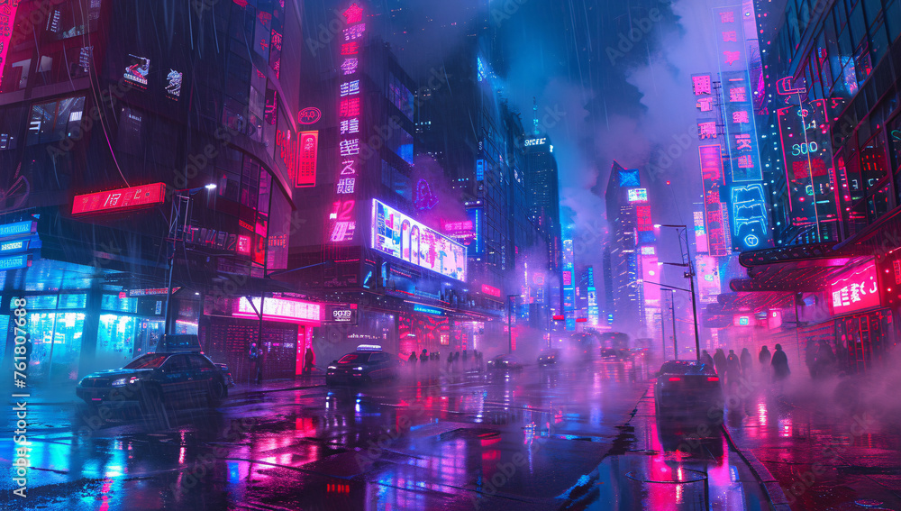 Neon Lights in a Rainy Cyberpunk Cityscape: A Vivid and Atmospheric Urban Night Scene with Glowing Signages