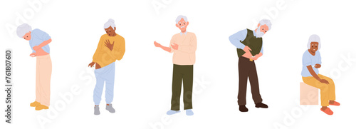 Senior people cartoon characters injecting themselves providing treatment with medical drugs