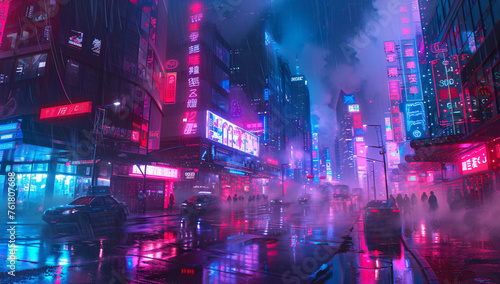 Neon Lights in a Rainy Cyberpunk Cityscape  A Vivid and Atmospheric Urban Night Scene with Glowing Signages