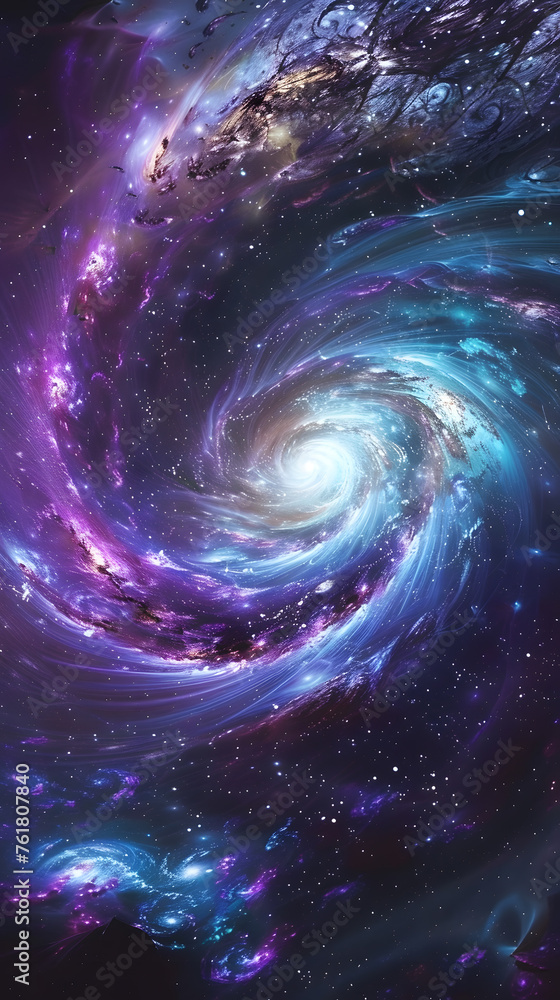 A spiral galaxy stands out in the vast electric blue space surroundings