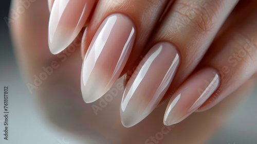 Elegant almond-shaped nails with a nude ombre finish. Studio shot for nail beauty and fashion design inspiration