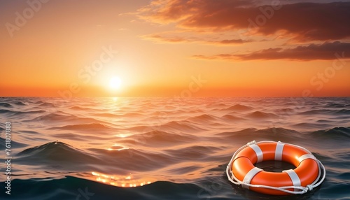 orange lifebuoy floating at sea sunset sunrise, wide horizontal banner wallpaper created with generative ai