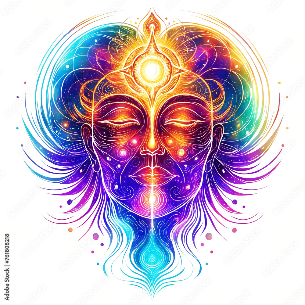 A colorful and intricate face design, likely inspired by a Hindu deity or a spiritual symbol. The design is vibrant and detailed, reflecting a connection to a spiritual or religious context.