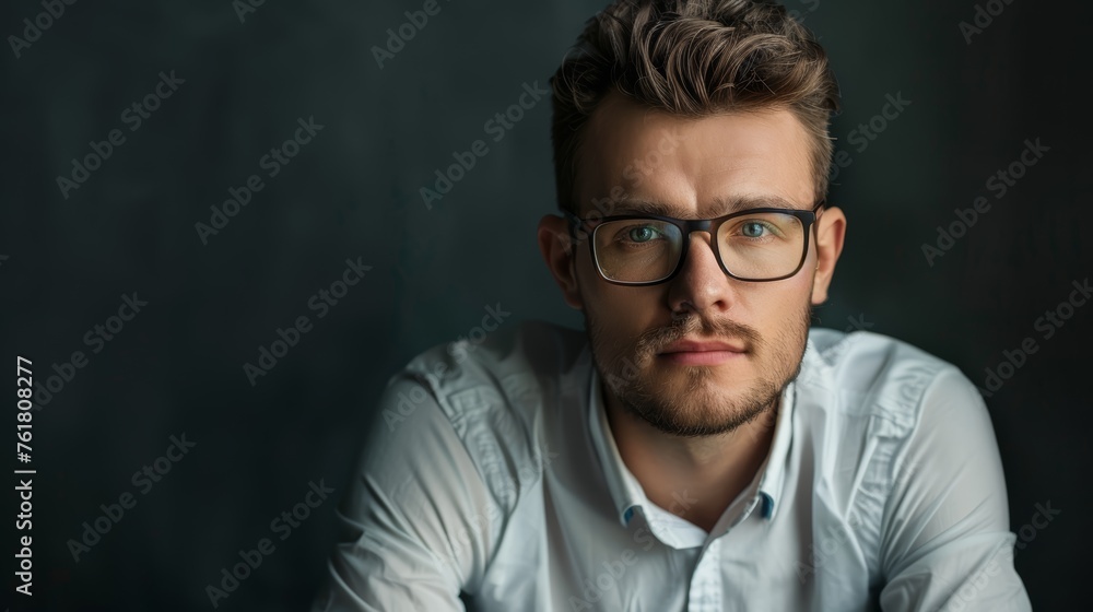 Serious young man with glasses and white shirt posing in front of a dark background. Professional headshot with a focused expression.