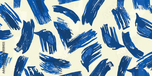 Vector seamless pattern with abstract brush stroke painting illustration. Modern paint line background in blue color. Messy graffiti sketch wallpaper print, rough hand drawn texture, Wavy and swirled