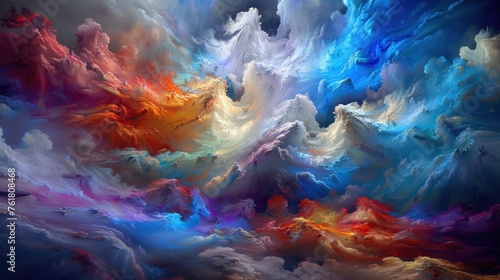 a painting of colorful clouds in a blue, red, yellow, and orange hues with a black background.