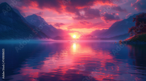 Breathtaking Sunset Over Tranquil Mountain Lake  Vibrant Colors Reflecting in Crystal Clear Waters Amidst Majestic Peaks