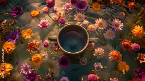 a cup of coffee sitting on top of a body of water filled with lots of purple and yellow daisies. photo