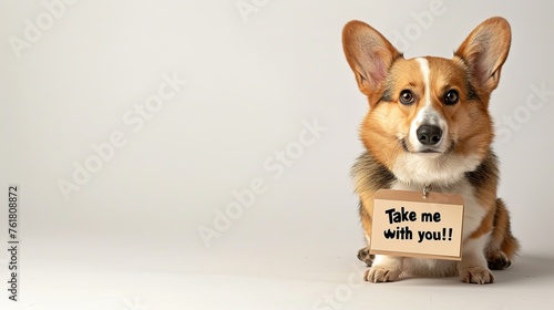 Take me with you. high quality welsh corgi background with sign