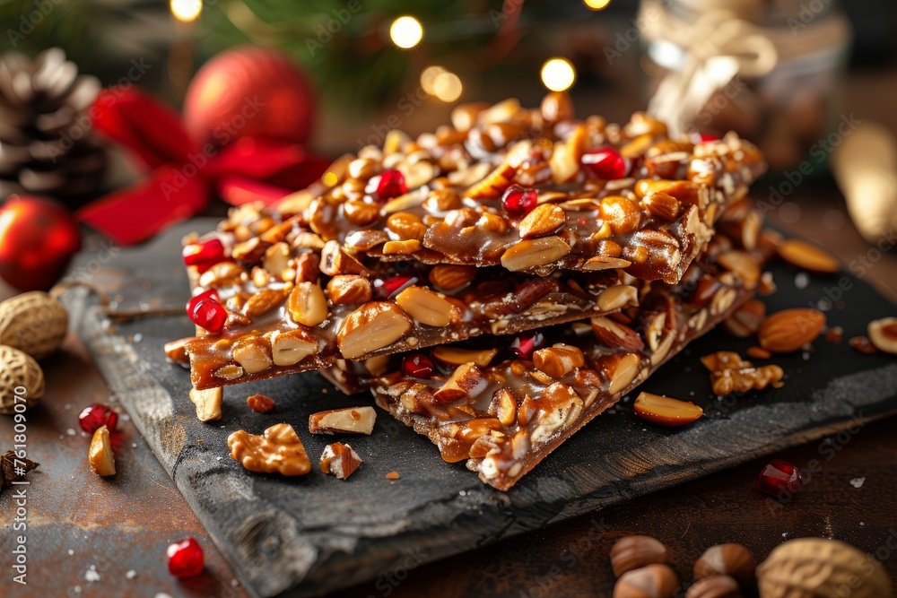 Colorful Holiday Treats: Peanut Brittle on Festive Background