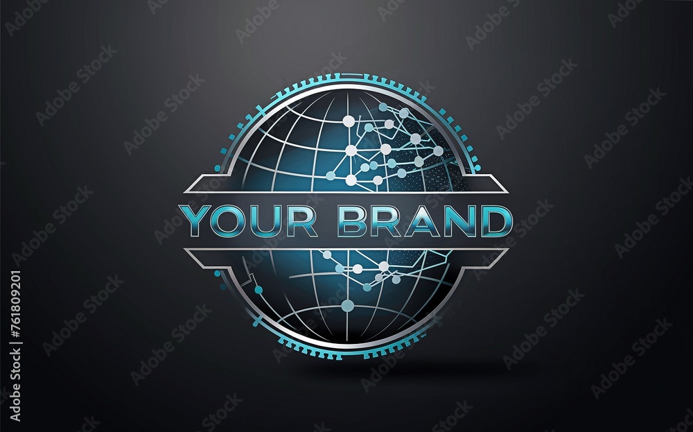 custom made wallpaper toronto digital"Your Brand" depicts a modern, interconnected world with a sleek globe surrounded by orbital rings and nodes, symbolizing global connectivity and advanced technology.