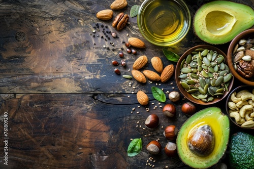Organic Healthy Fat Sources: Avocado, Nuts, Seeds, Olive Oil on Rustic Wood Background