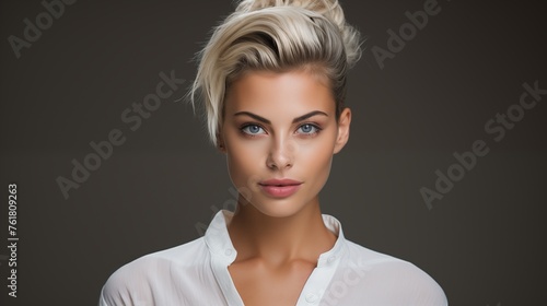 Picture capturing the elegance of a beautiful mature young white woman posing in a studio against a gray backdrop, emphasizing her chic top knot hairstyle
