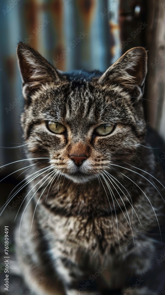 Tabby cat with a stern look. Outdoor feline portrait with textured backdrop. Pet and animal theme for print and digital design