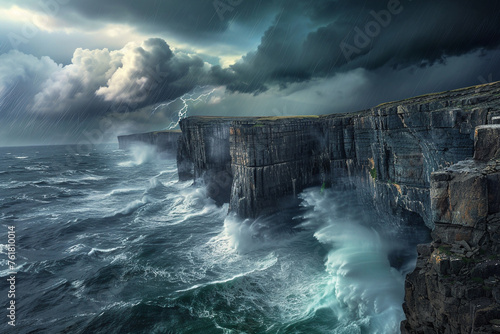 A dramatic thunderstorm brewing over a rugged coastline with waves crashing against towering cliffs.