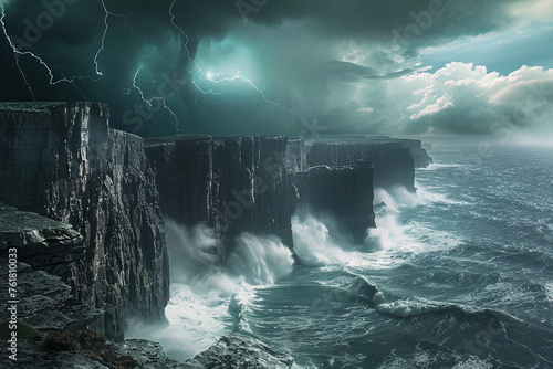 A dramatic thunderstorm brewing over a rugged coastline with waves crashing against towering cliffs.