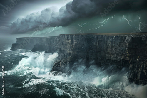 A dramatic thunderstorm brewing over a rugged coastline with waves crashing against towering cliffs.