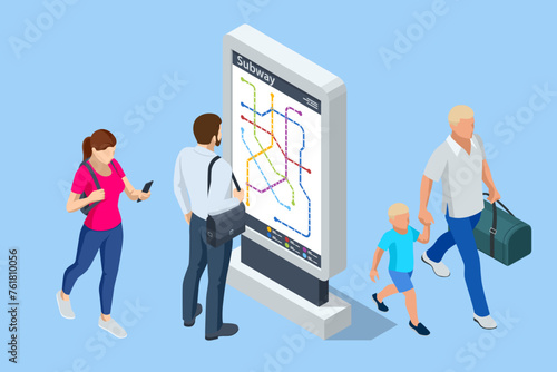Isometric passengers looking at the metro map, metro or subway map. Underground way. Fictional metro map. Subway station platform. High speed train.