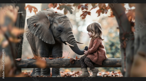 Little girl and elephant sitting in the park. Autumn colors. Happiness. 