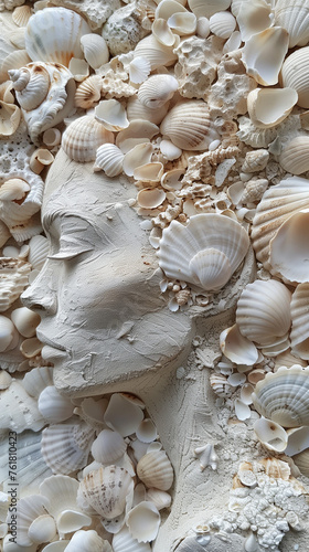 Seashells on the sand arranged around stone in the shape of woman's face. 
